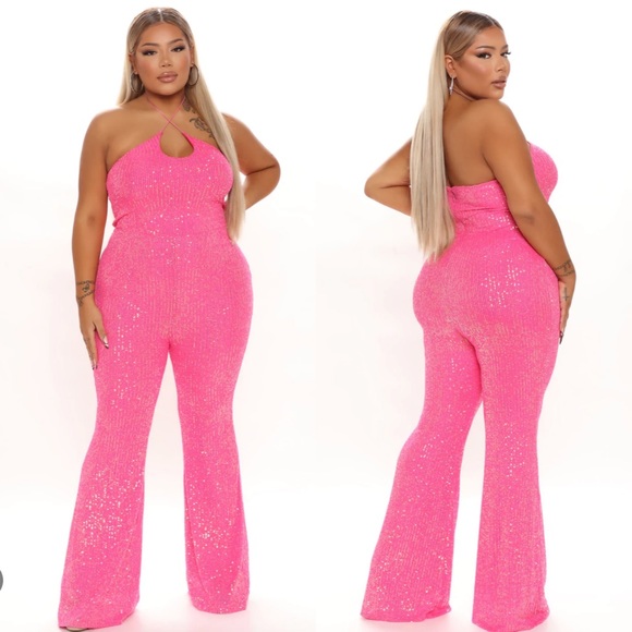Fashion Nova Pants & Jumpsuits Fashion Nova Out All Night Sequin Jumpsuit Hot Pink Flare